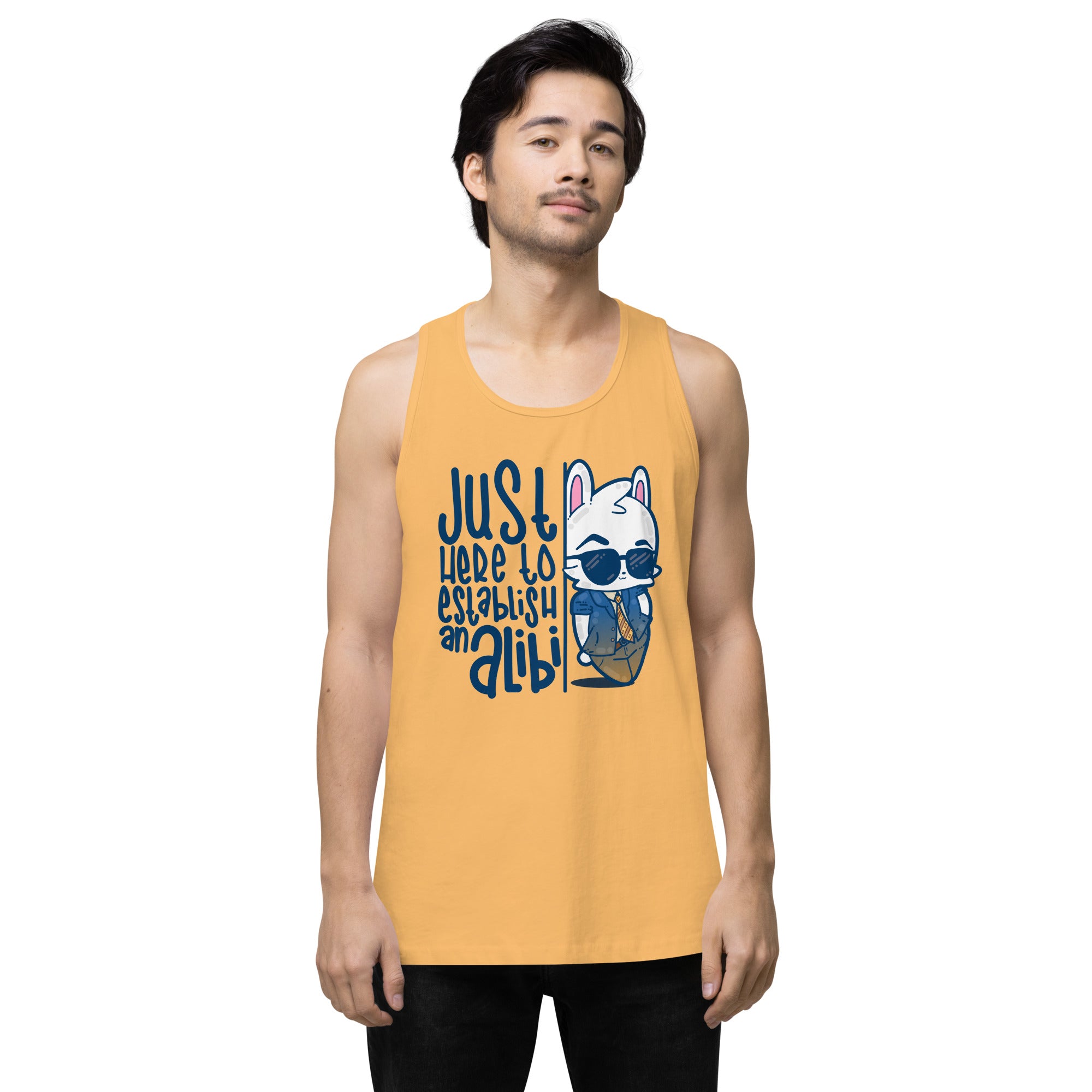 JUST HERE TO ESTABLISH AN ALIBI - Premium Tank Top - ChubbleGumLLC