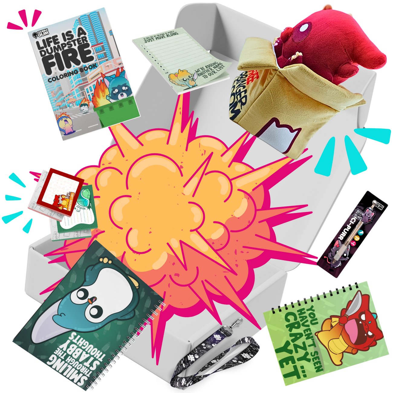 Chubble Gum box filled with notebooks, plushies, stickers, pens, and accessories