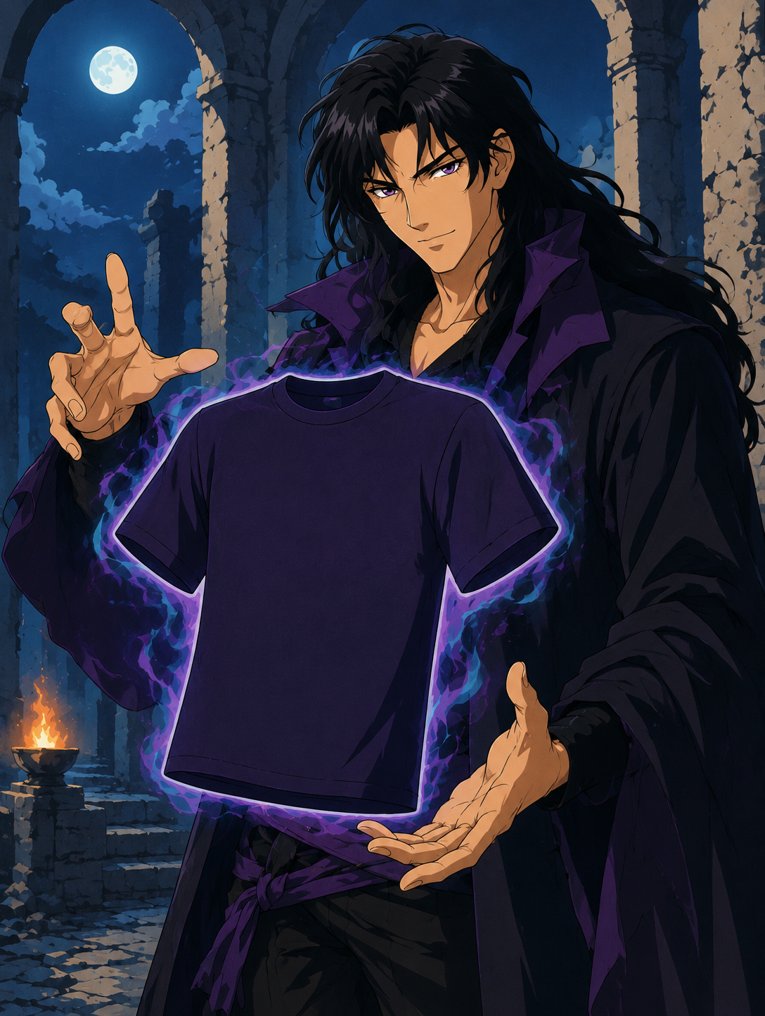 Dark fantasy character conjuring a mystery shirt