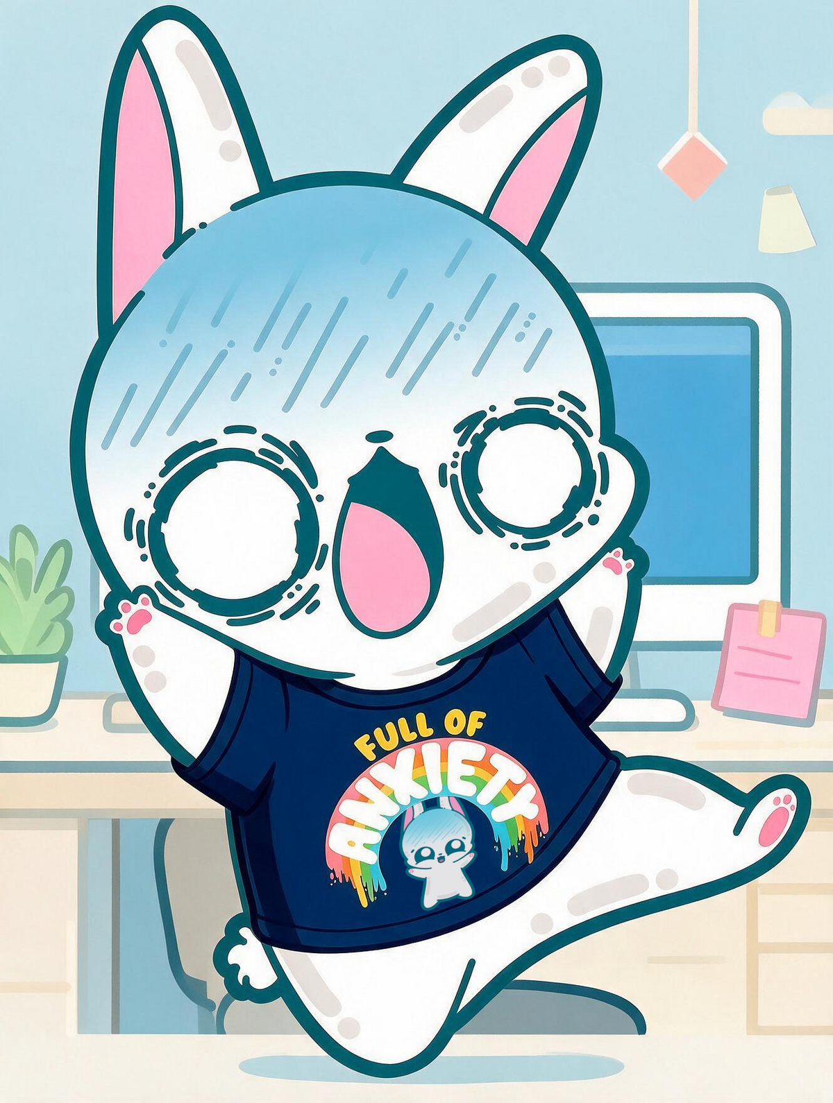 Crashout wearing the Full of Anxiety shirt in an office