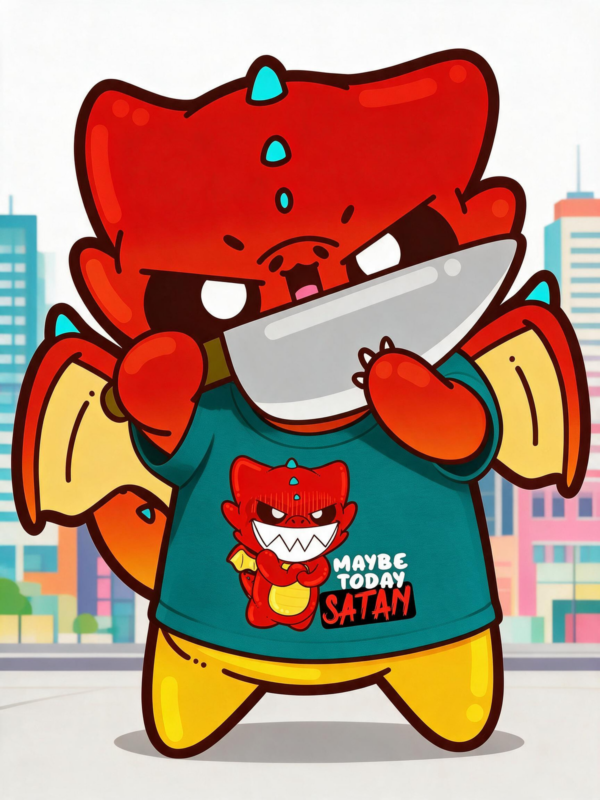 Ruckaz wearing a Chubble Gum shirt and holding a knife