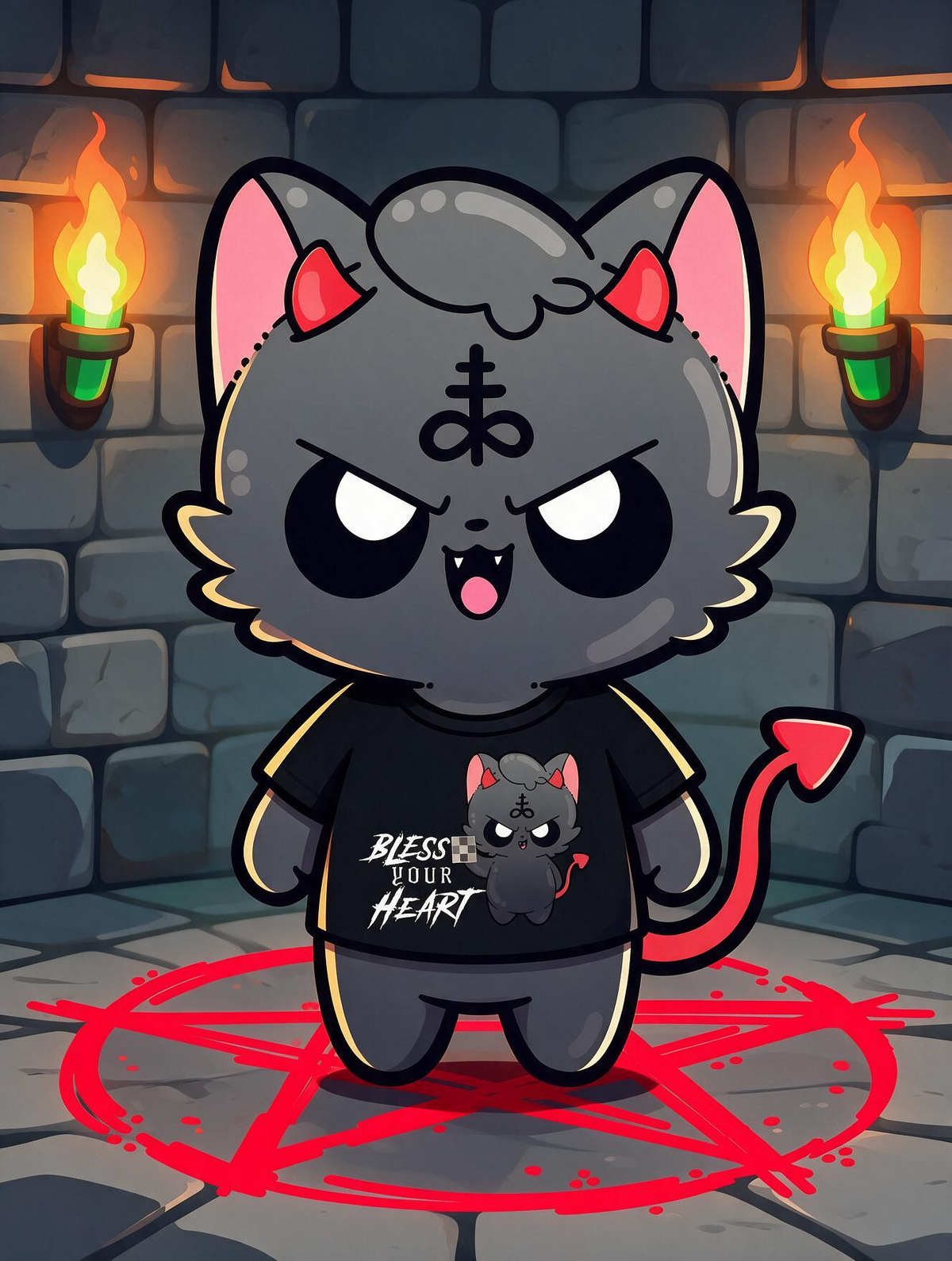 Luci-purr wearing a Chubble Gum shirt in a dark room
