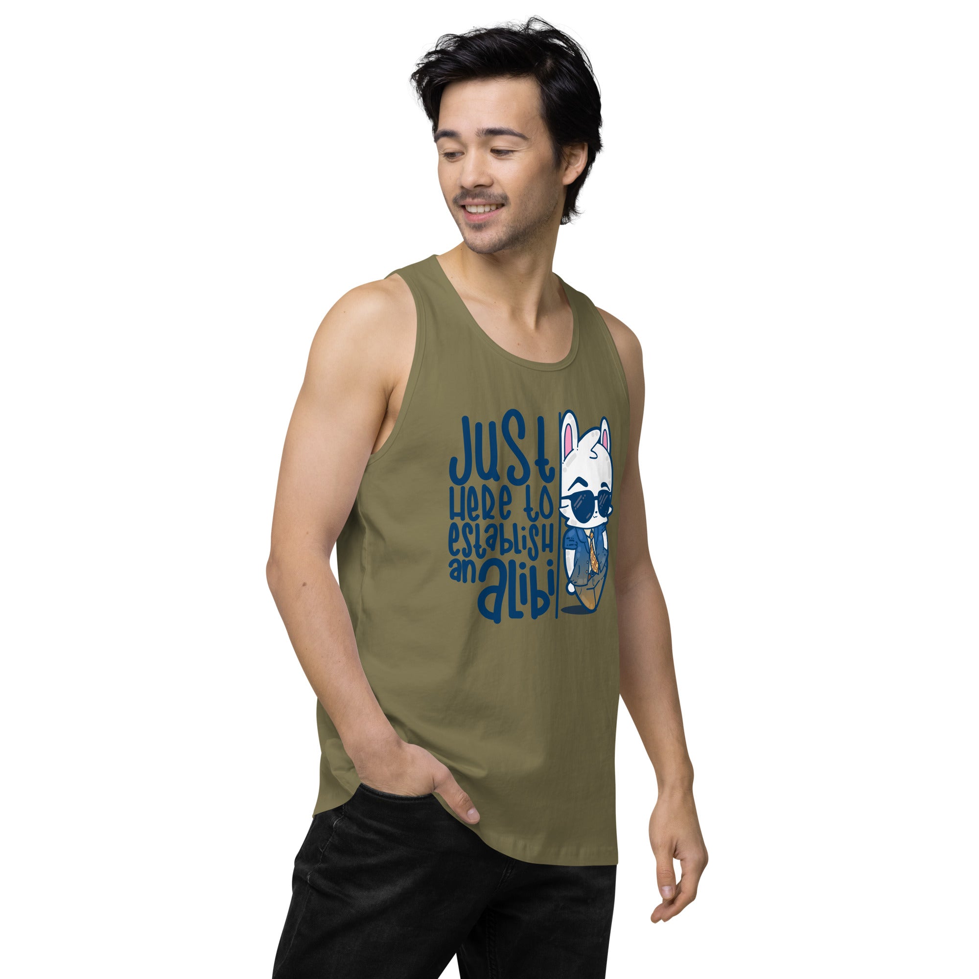 JUST HERE TO ESTABLISH AN ALIBI - Premium Tank Top - ChubbleGumLLC