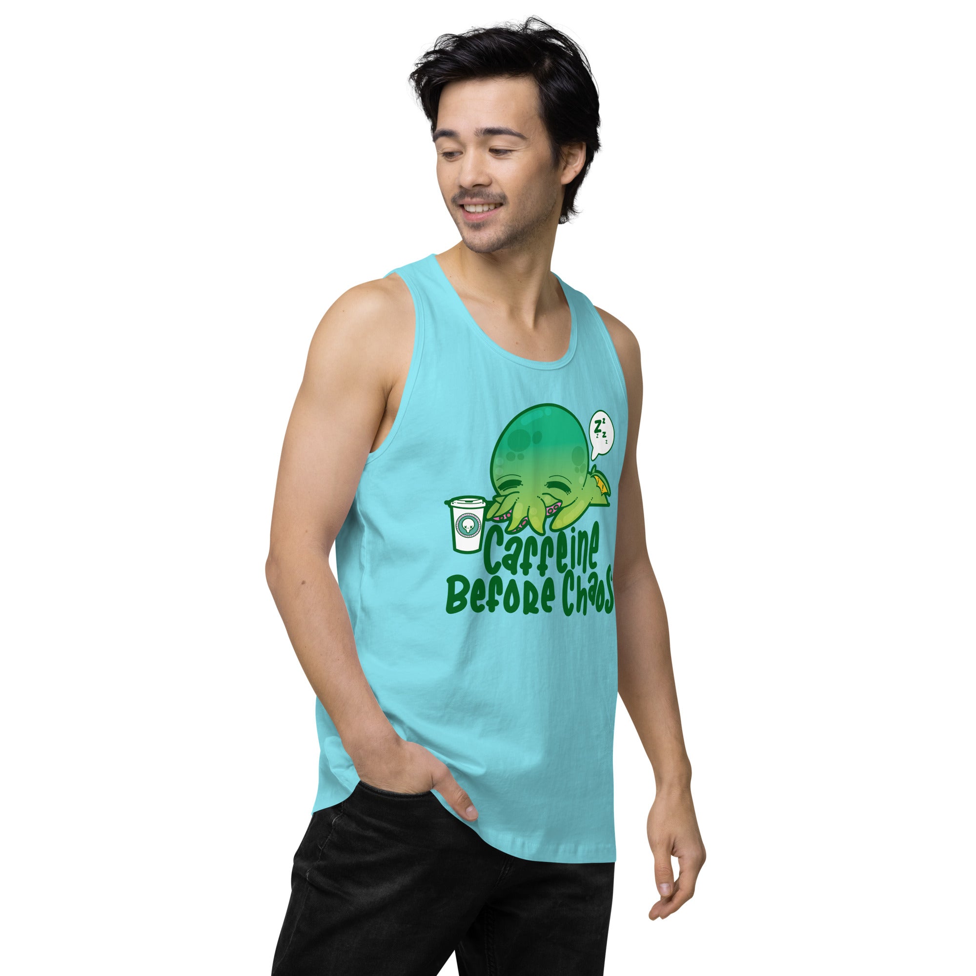 CAFFEINE BEFORE CHAOS - Premium Tank Top - ChubbleGumLLC