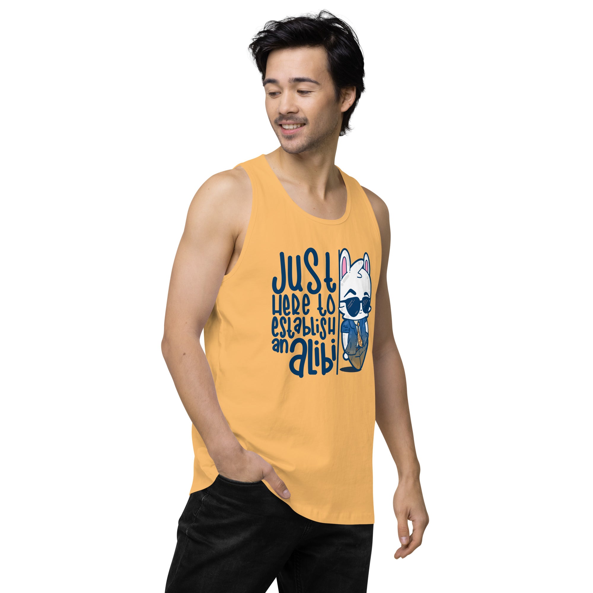 JUST HERE TO ESTABLISH AN ALIBI - Premium Tank Top - ChubbleGumLLC