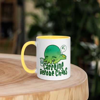 CAFFEINE BEFORE CHAOS - Mug with Color Inside - ChubbleGumLLC